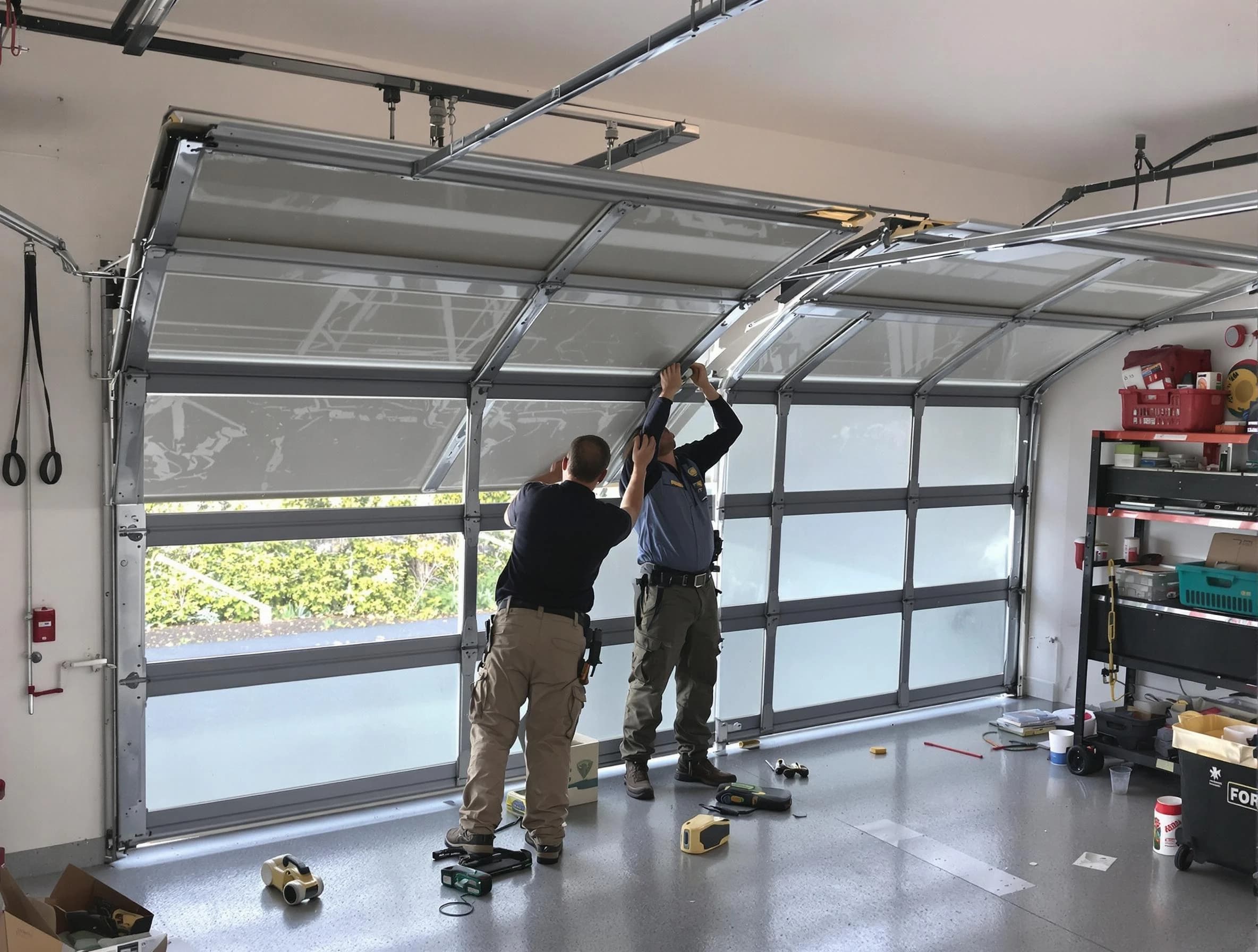 Portland Garage Door Repair expert performing precise panel replacement on Portland garage door