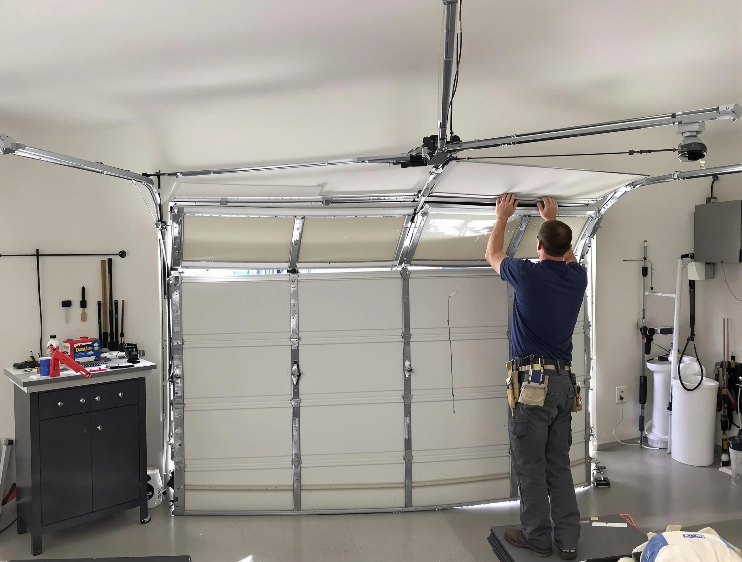 Portland Garage Door Repair specialist performing precise section replacement on Portland garage door